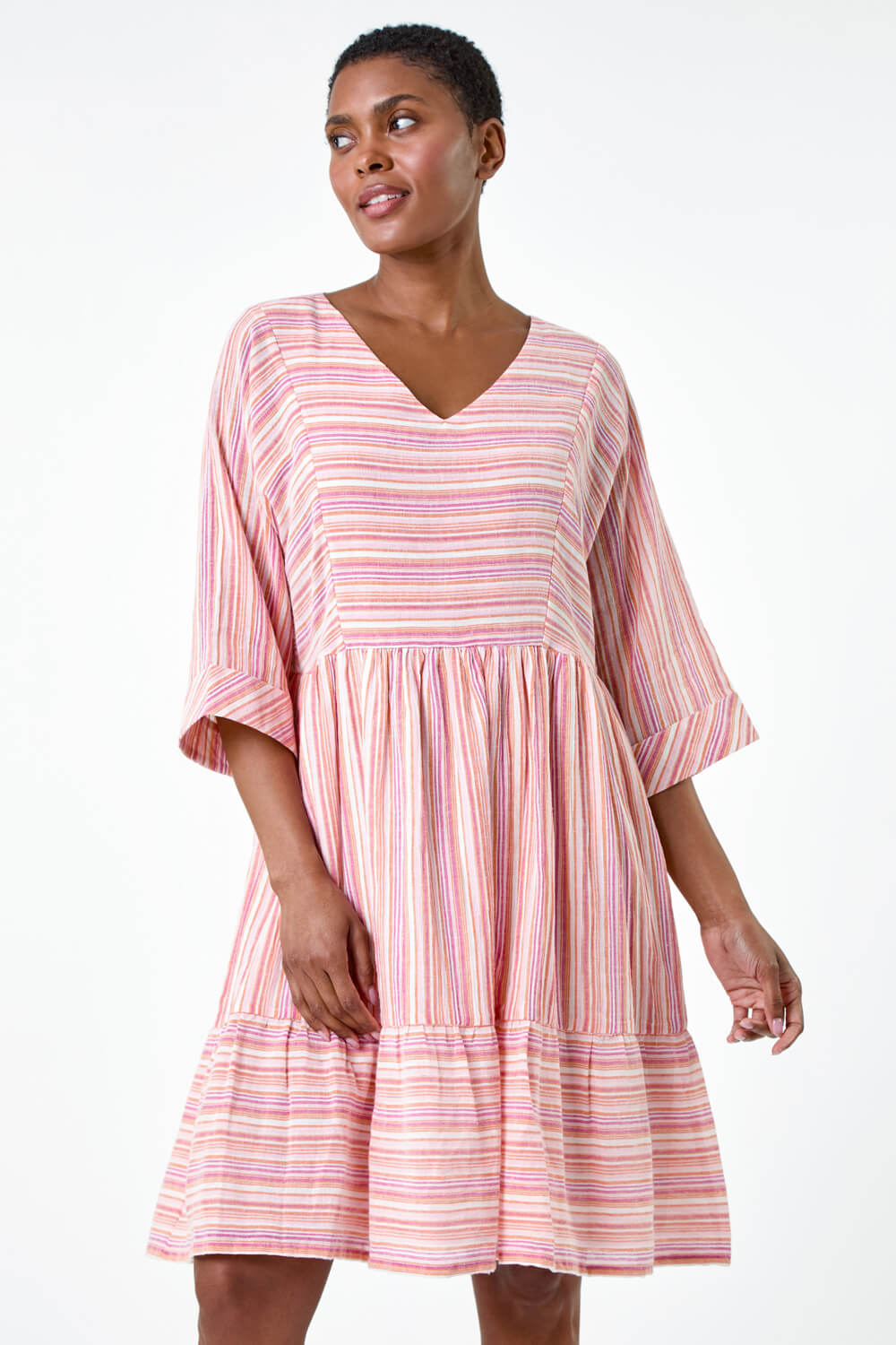 PINK Cotton Stripe Print Smock Dress, Image 4 of 5