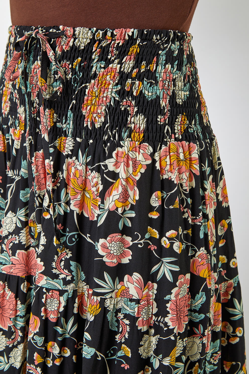 Black Boho Floral Print Shirred Waist Maxi Skirt, Image 5 of 5