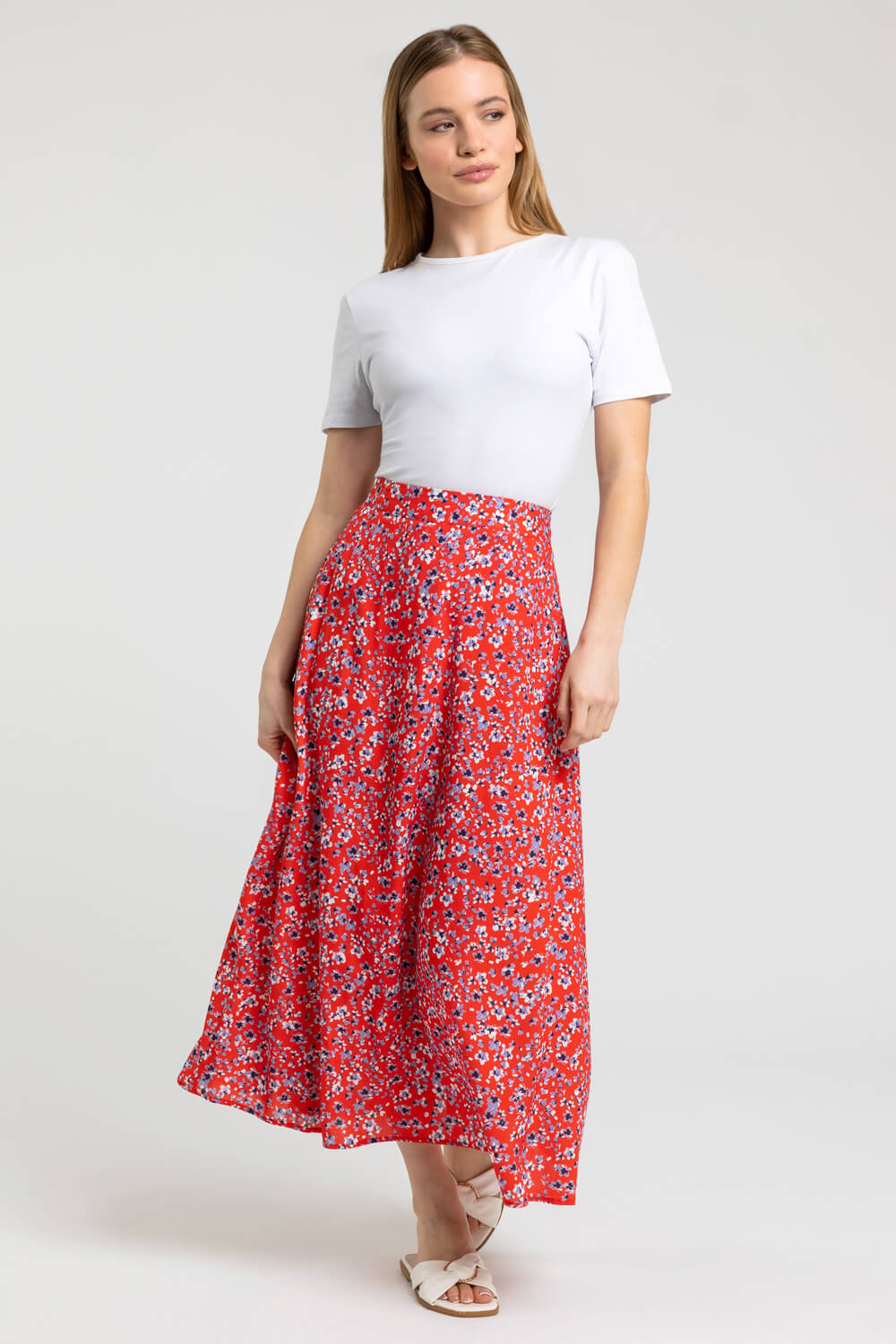 Petite Ditsy Floral A-Line Skirt in Red | Roman UK