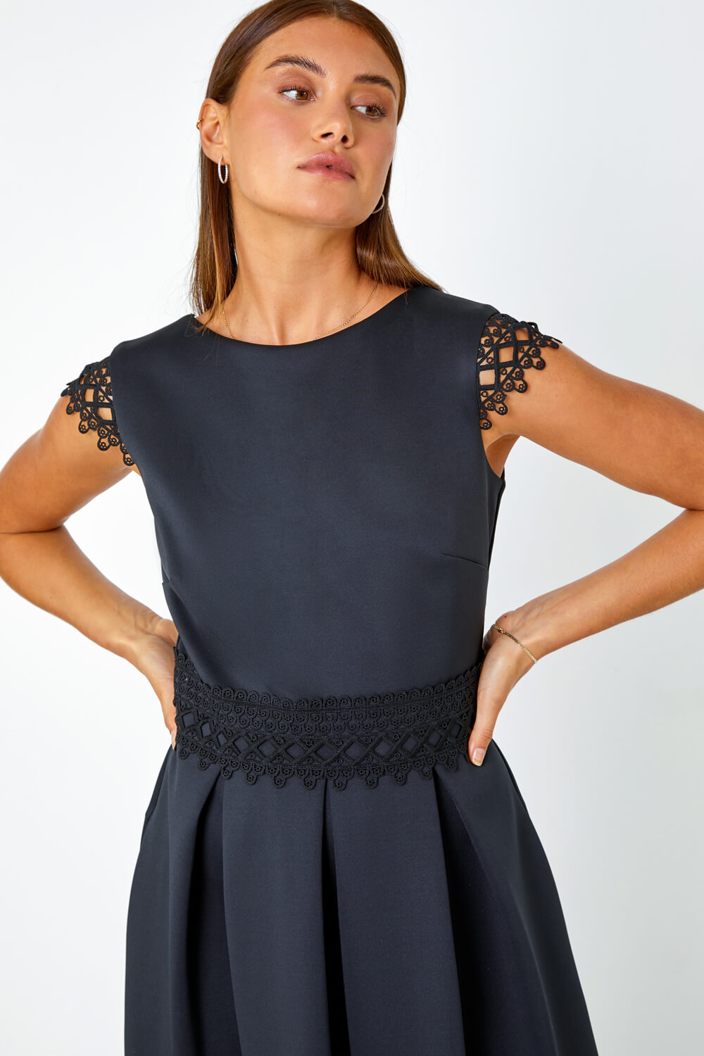 Black Premium Stretch Lace Detail Midi Dress, Image 4 of 5