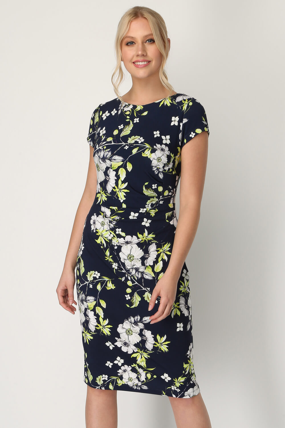 Floral Ruched Waist Fitted Dress in NAVY - Roman Originals UK