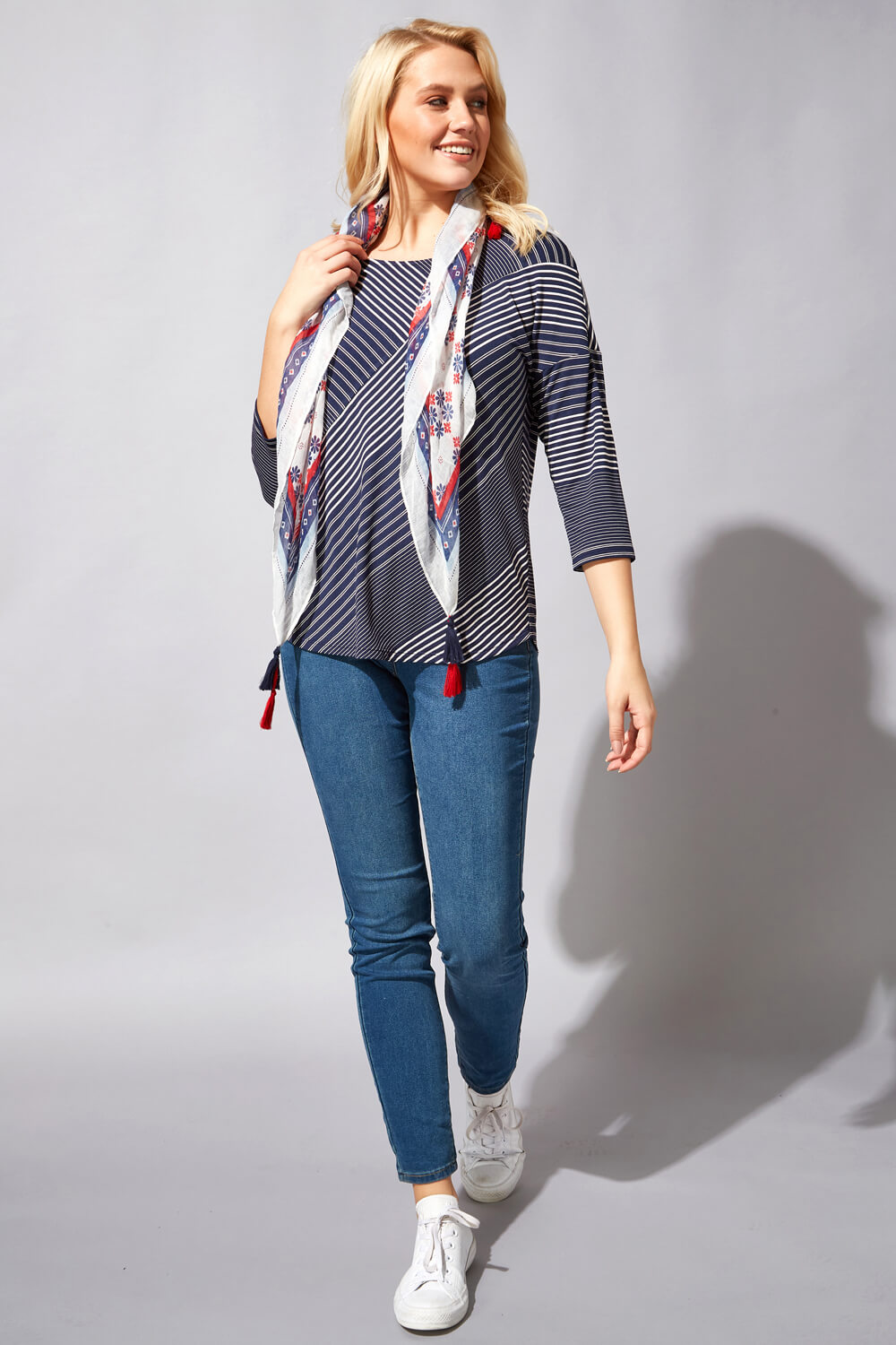 Navy  Stripe Print Top with Scarf, Image 2 of 4