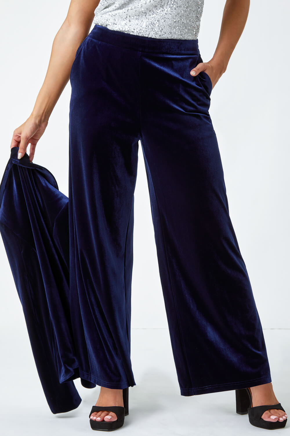 Midnight Blue Wide Leg Velvet Stretch Trousers, Image 4 of 6