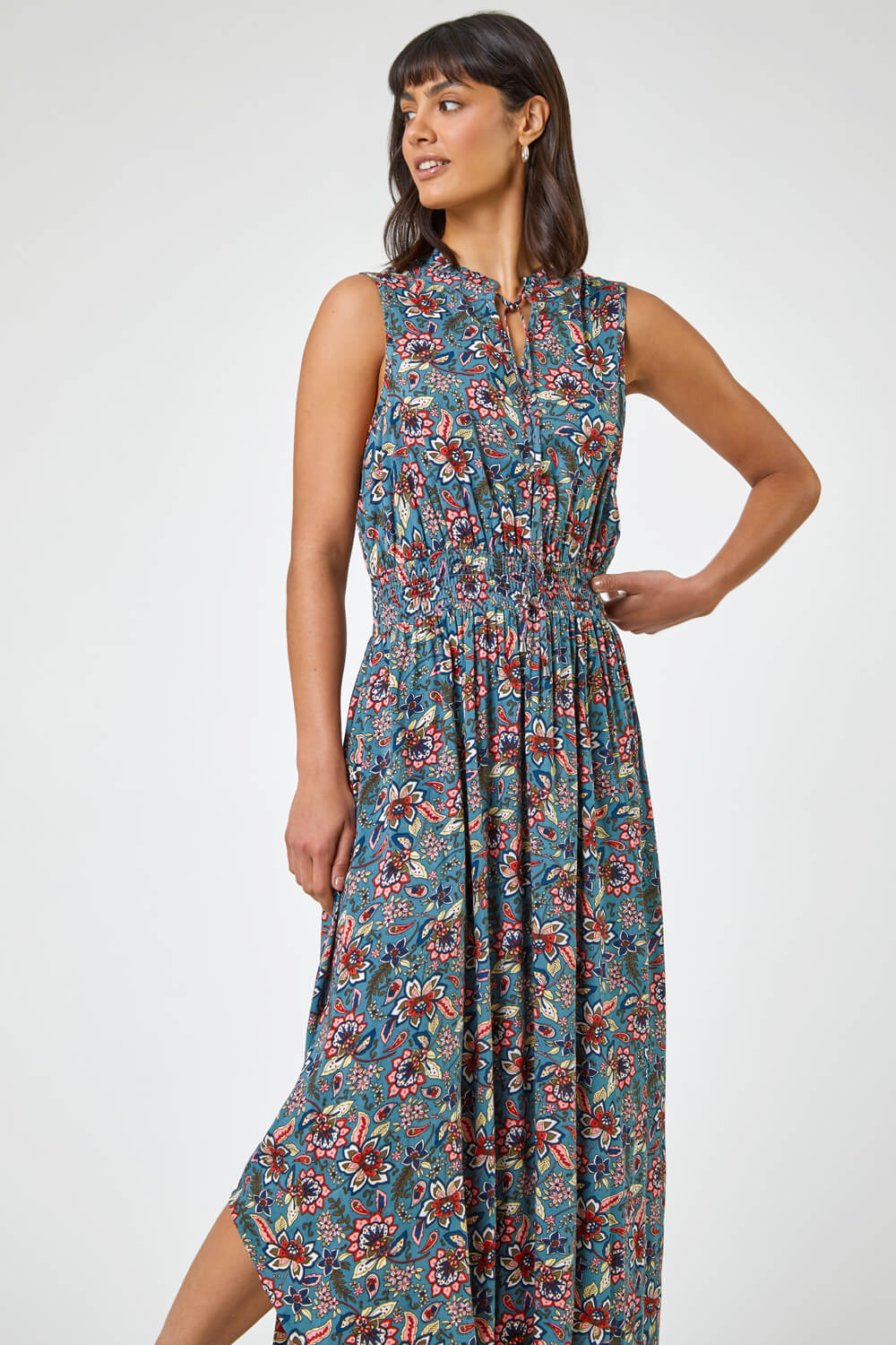 Floral Paisley Hanky Hem Dress in Teal - Roman Originals UK