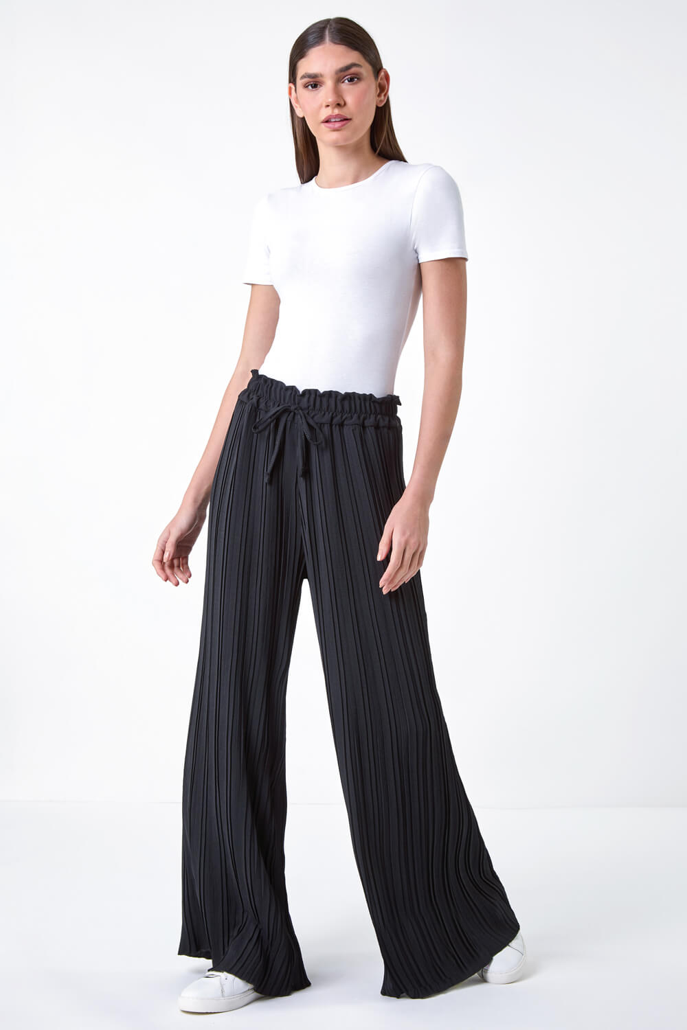 Black Pleated Tie Waist Stretch Trousers, Image 2 of 5