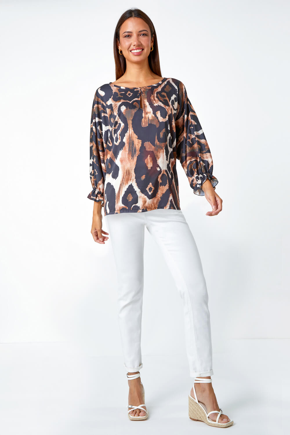 Neutral Abstract Print Blouson Sleeve Top, Image 2 of 5