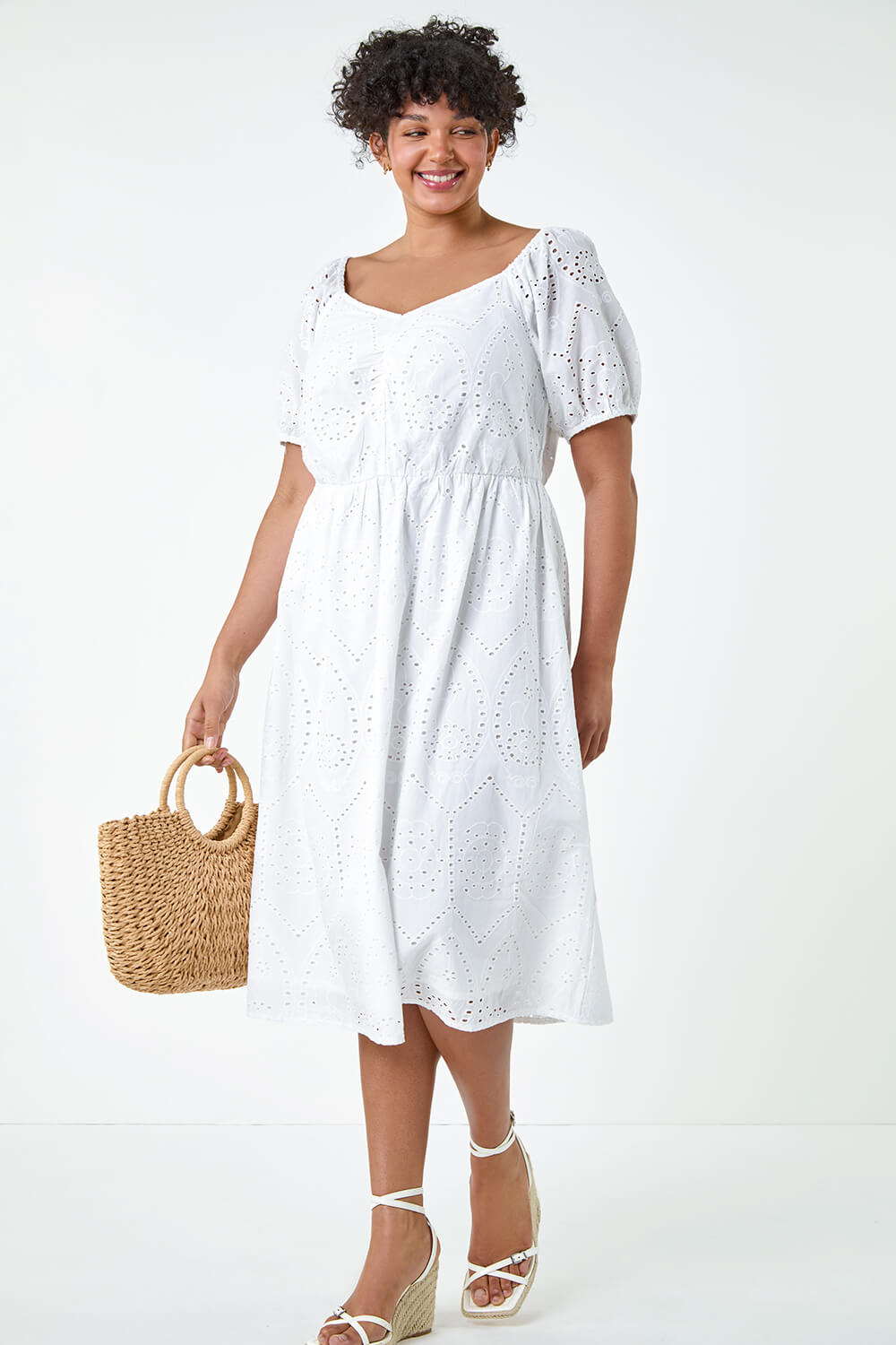 Ivory  Curve Cotton Broderie Midi Dress, Image 2 of 7