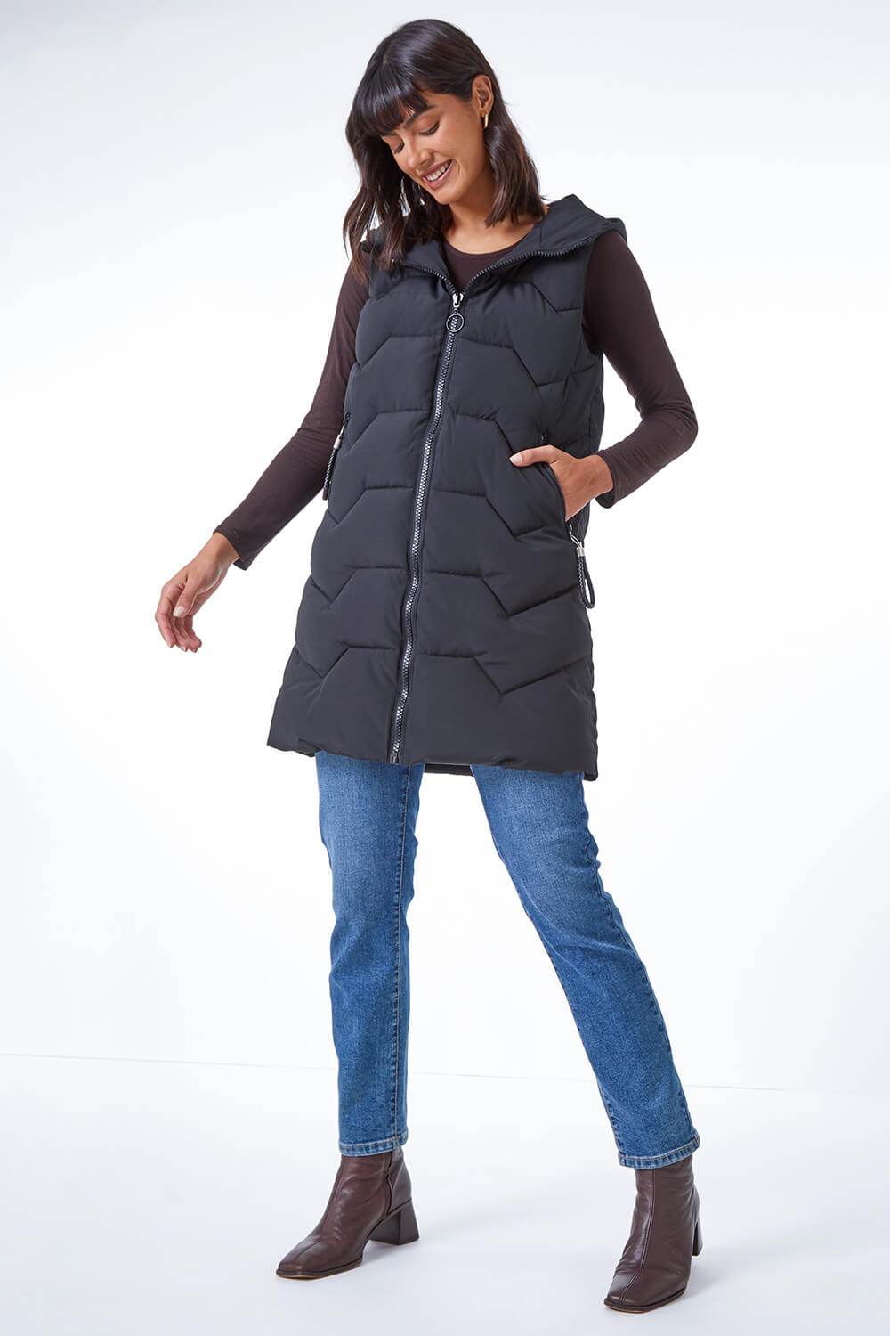 Black Geometric Quilted Hooded Gilet, Image 2 of 5