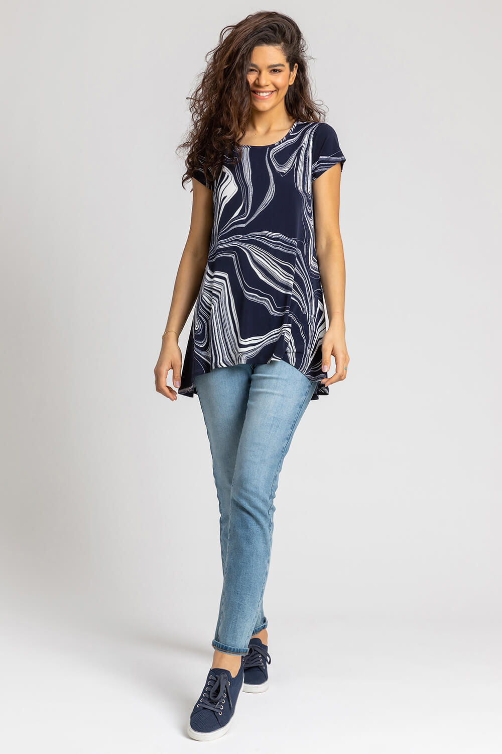 Navy  Abstract Linear Print Stretch Top, Image 3 of 4