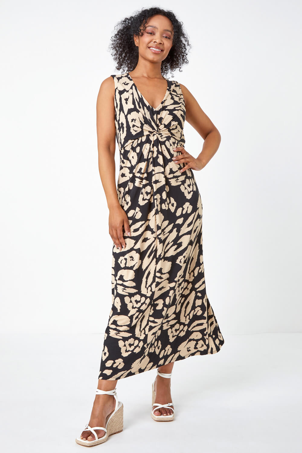 Black Petite Leopard Print Twist Jersey Maxi Dress, Image 4 of 5