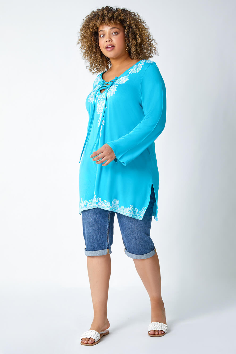 Turquoise Curve Border Print Lace Up Top, Image 2 of 5