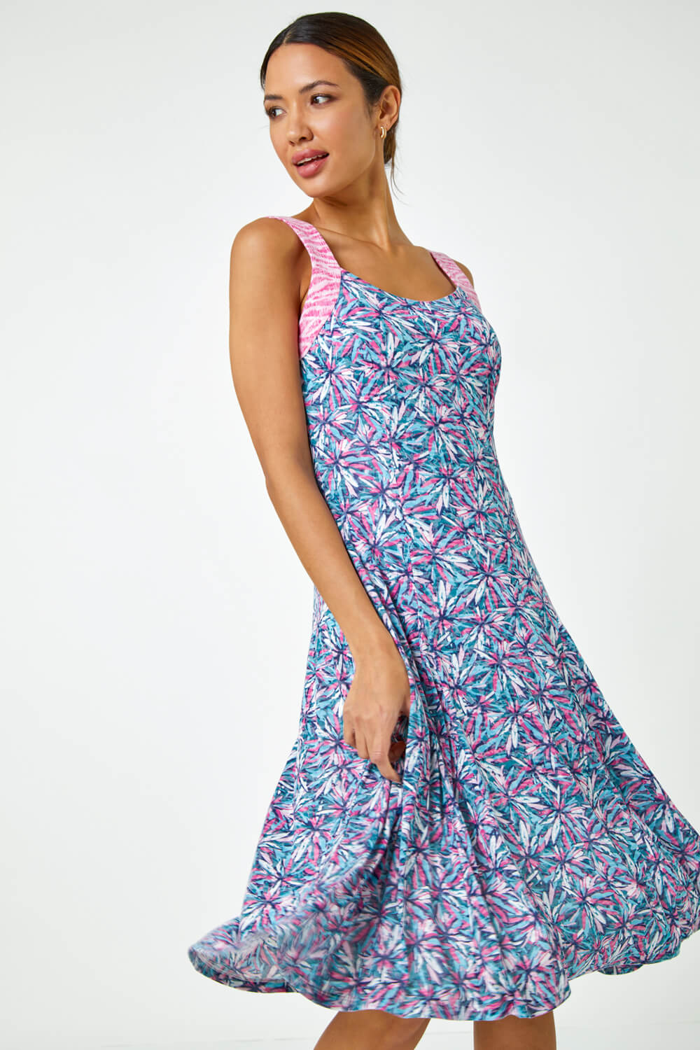 Pink Sleeveless Contrast Floral Print Dress | Roman UK
