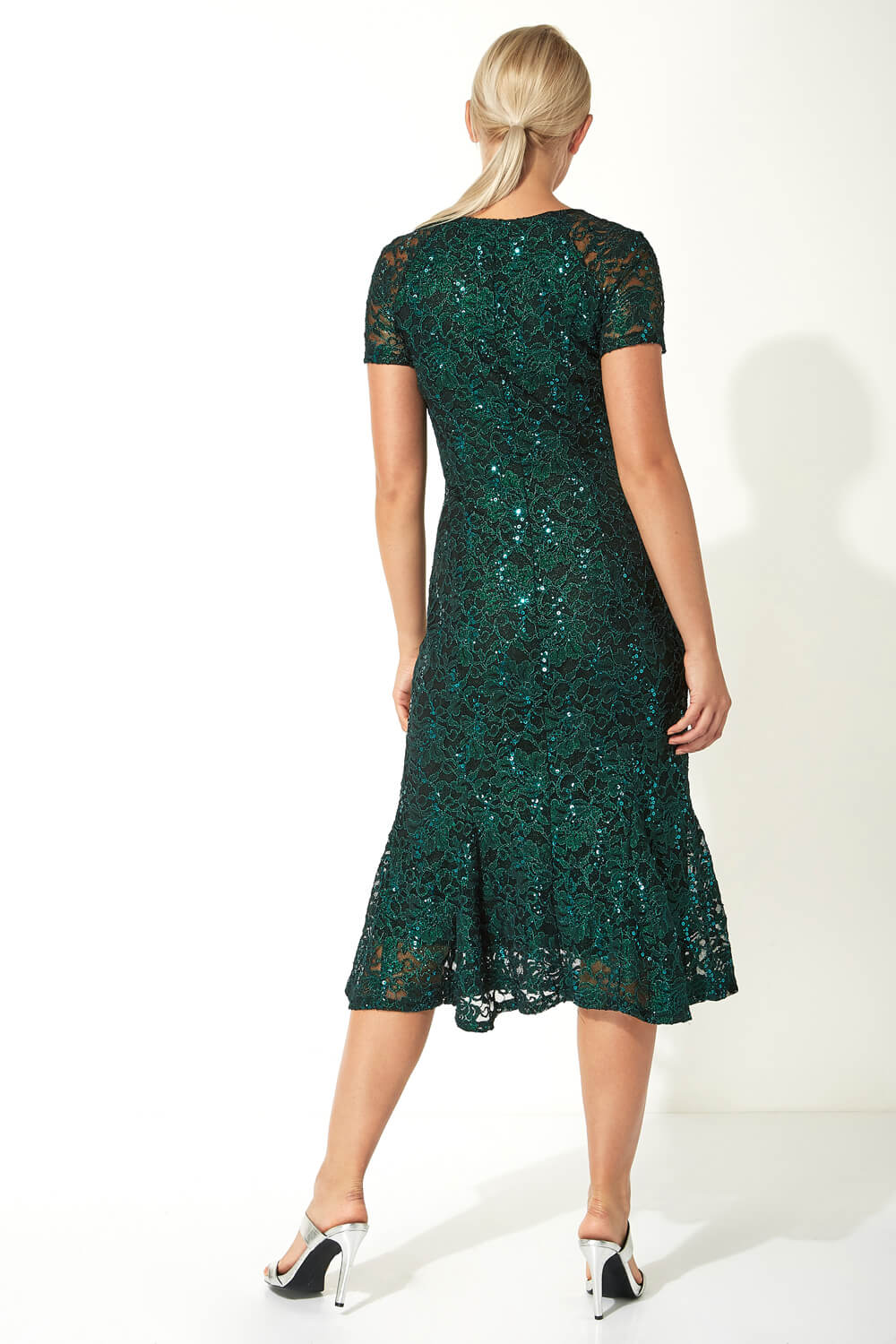 Green Metallic Lace Sequin Midi Dress, Image 3 of 5