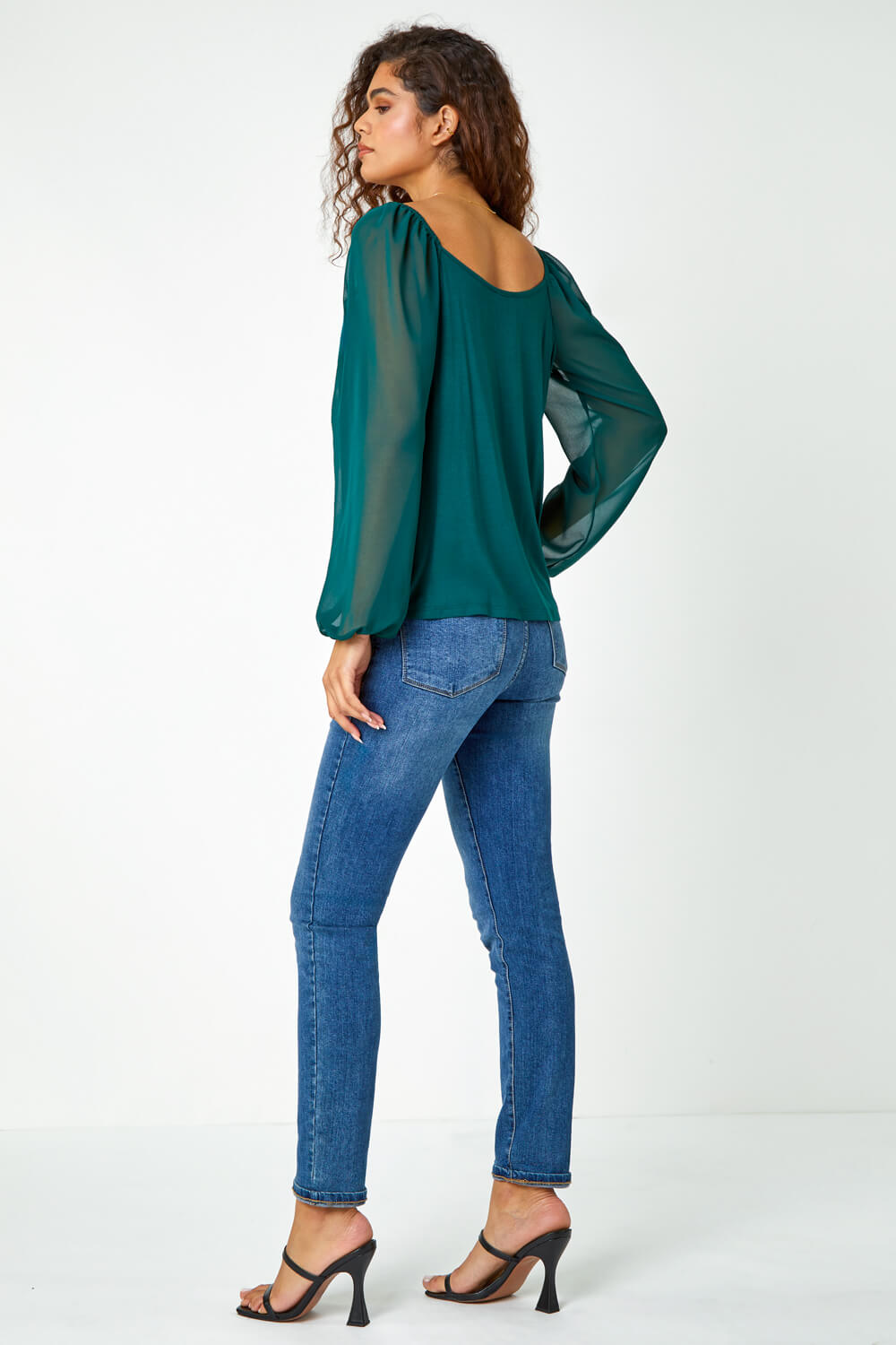 Green Contrast Chiffon Sleeve Stretch Top, Image 3 of 5