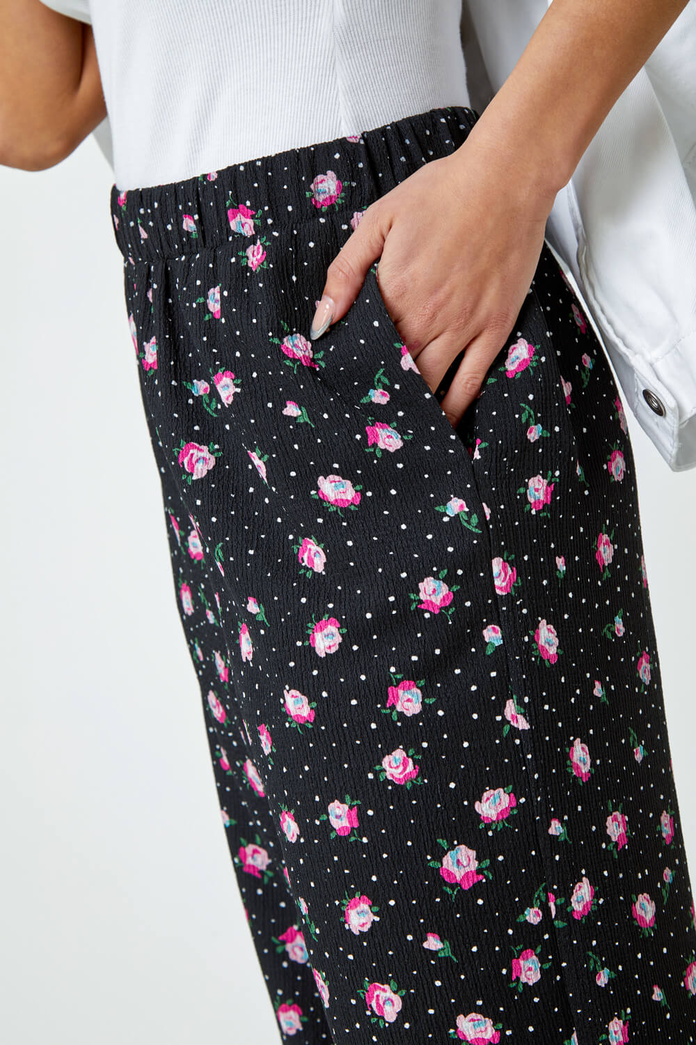 Black Ditsy Floral Print Stretch Culottes, Image 5 of 5
