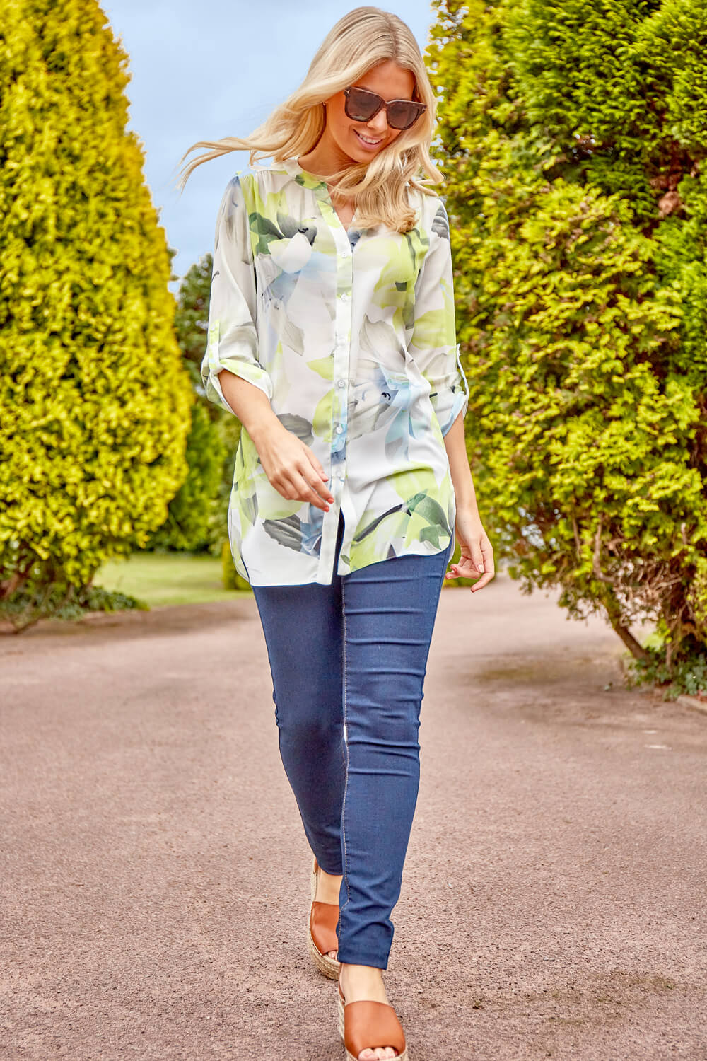 Lime Floral Print Roll Sleeve Shirt, Image 3 of 4