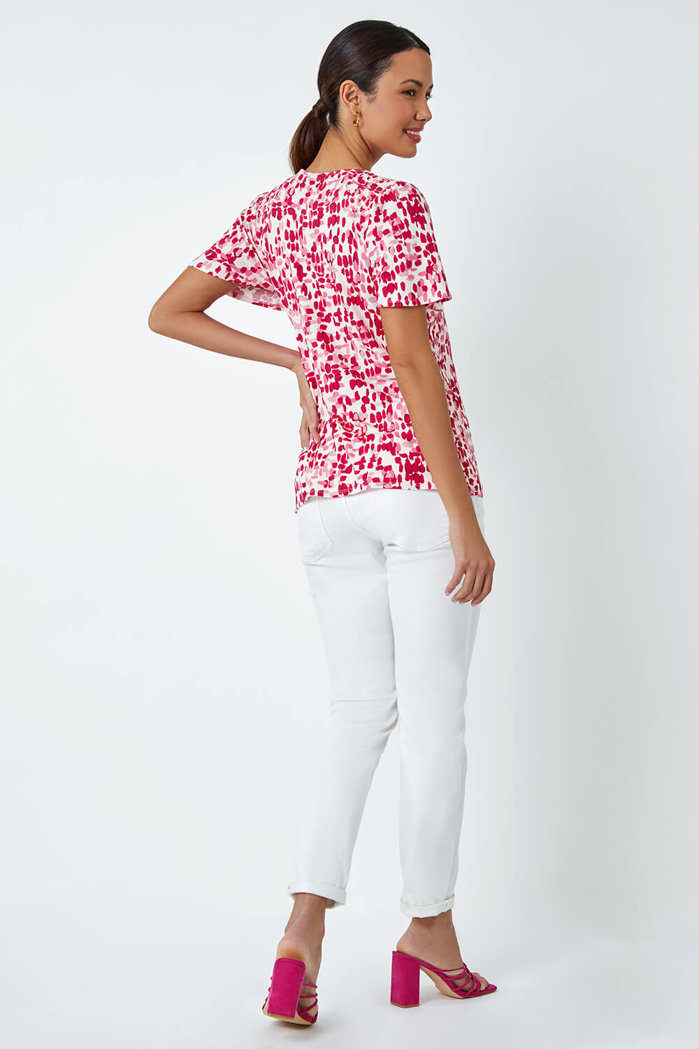 PINK Abstract Shirred Shoulder Stretch Top, Image 3 of 5