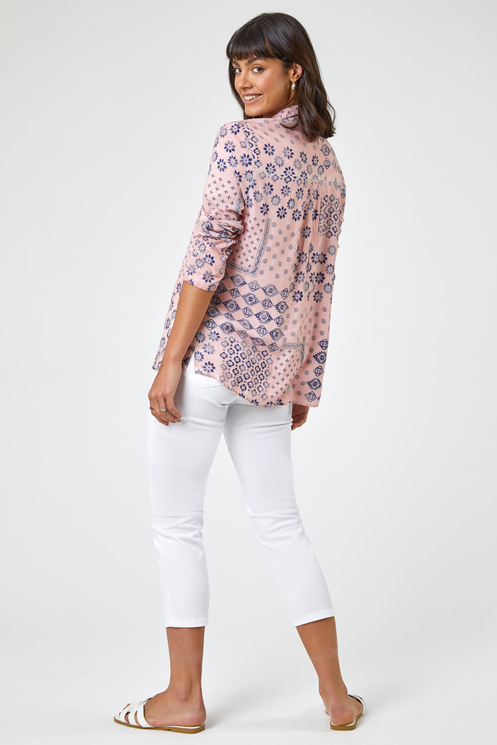 Light Pink Mixed Geo Print Lace Detail Shirt, Image 2 of 5