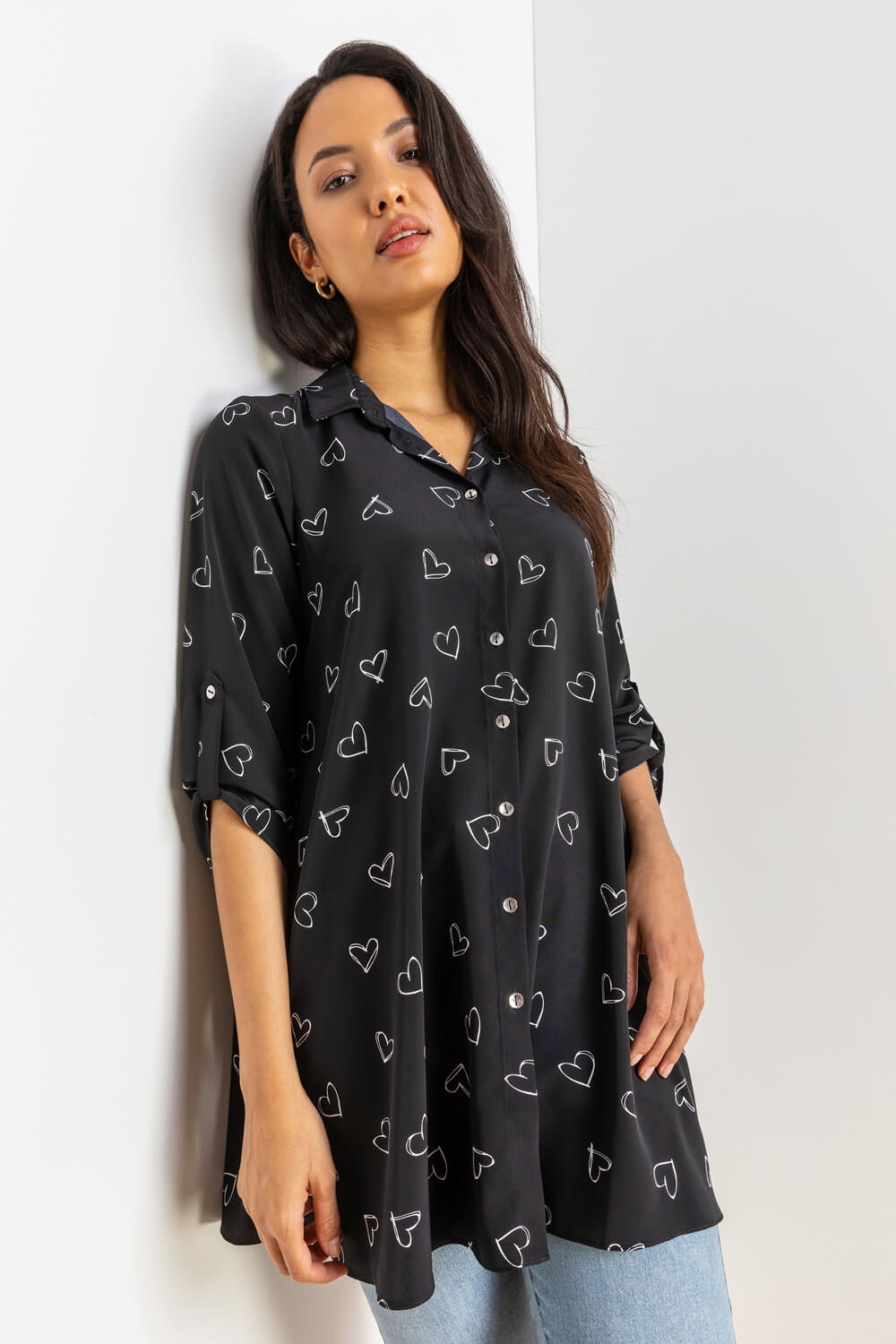 Heart Print Button Up Tunic Blouse 