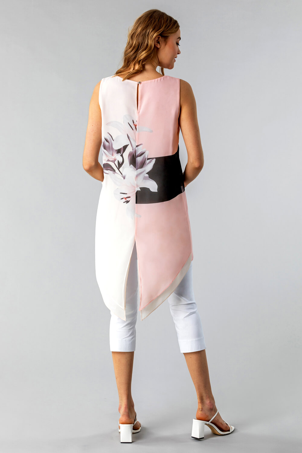 Light Pink Floral Print Asymmetric Tunic Top, Image 3 of 4