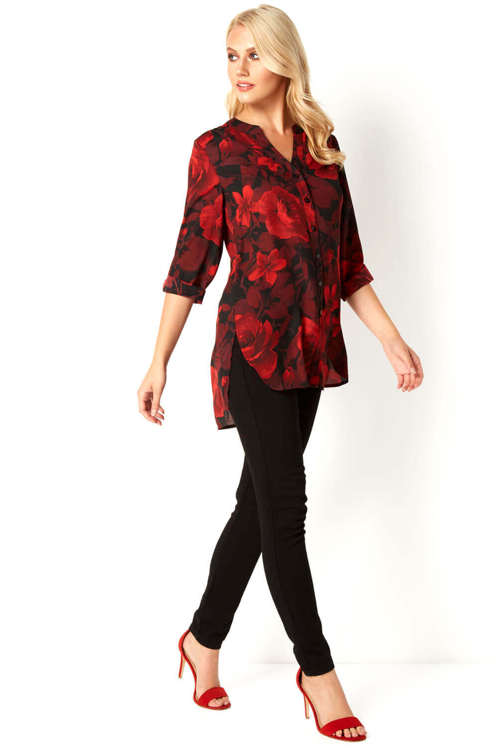 Red 3/4 Sleeve Rose Print Floral Button Up Blouse, Image 2 of 3