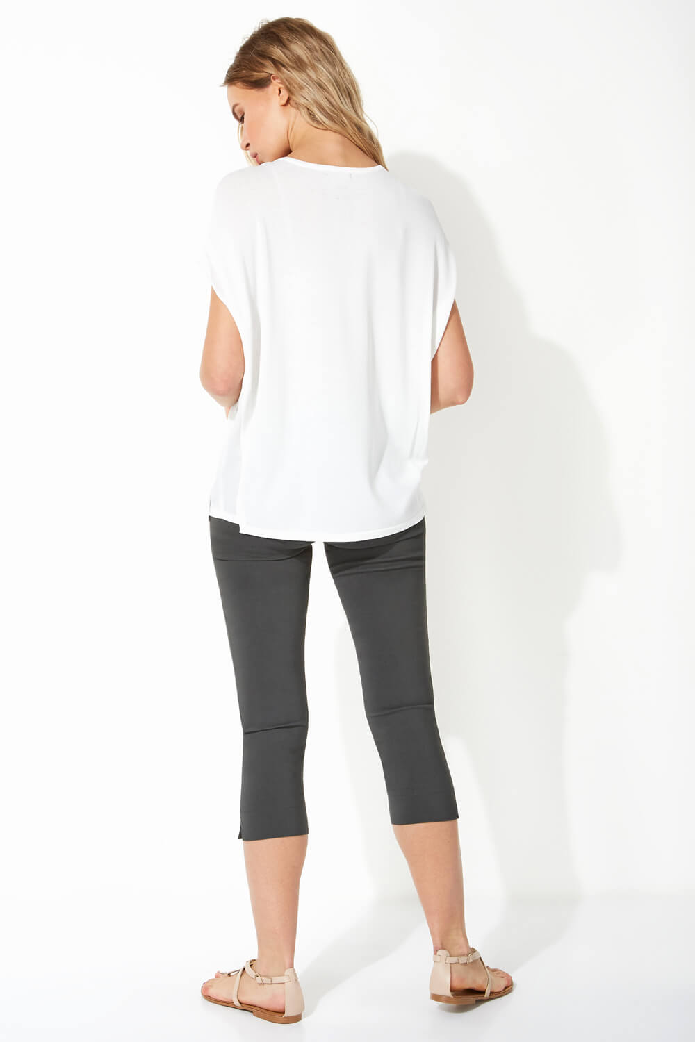 Ivory  Chiffon Panel Knit T-Shirt, Image 3 of 5