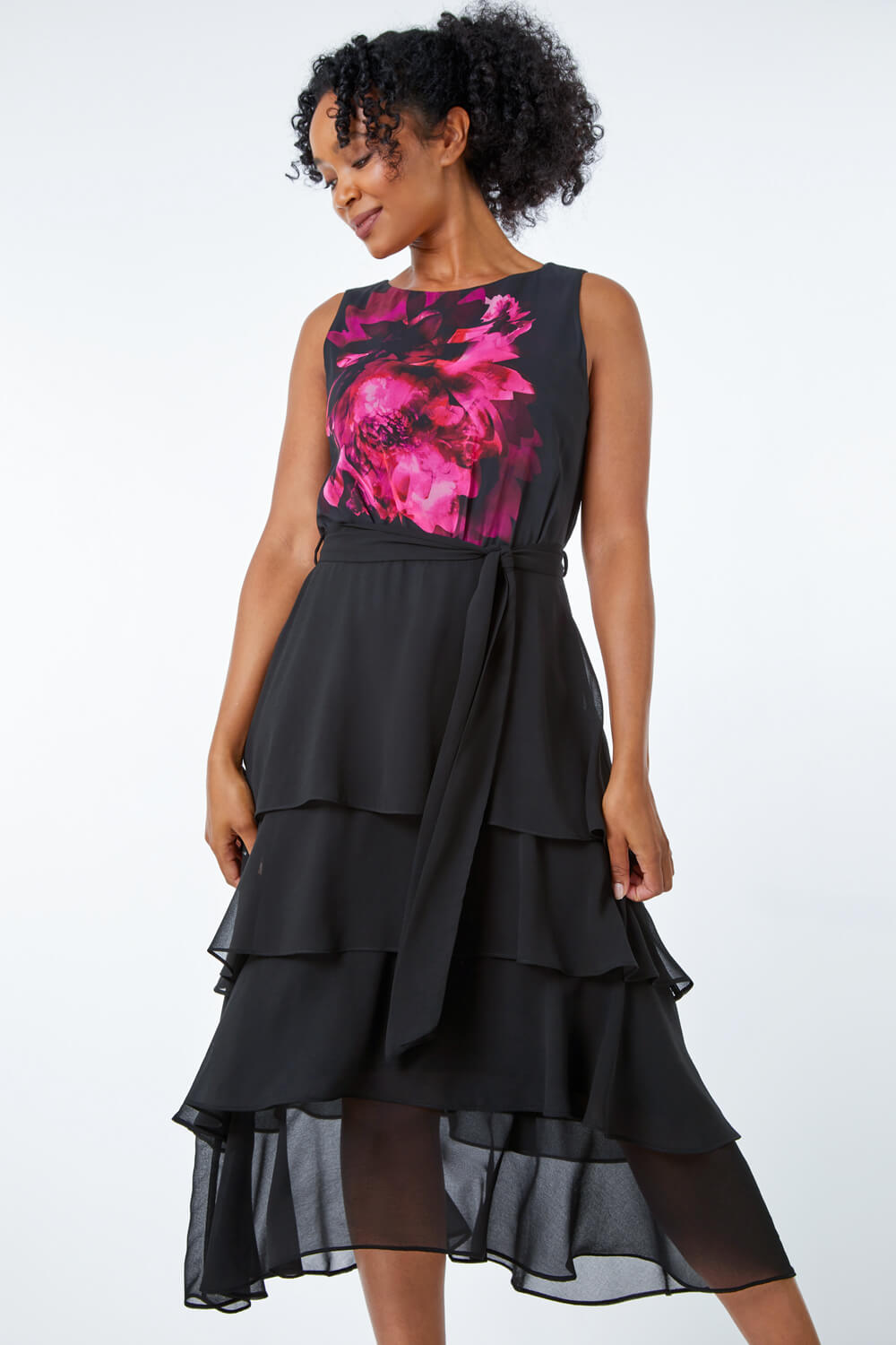 Black Petite Floral Print Tiered Dress, Image 2 of 5