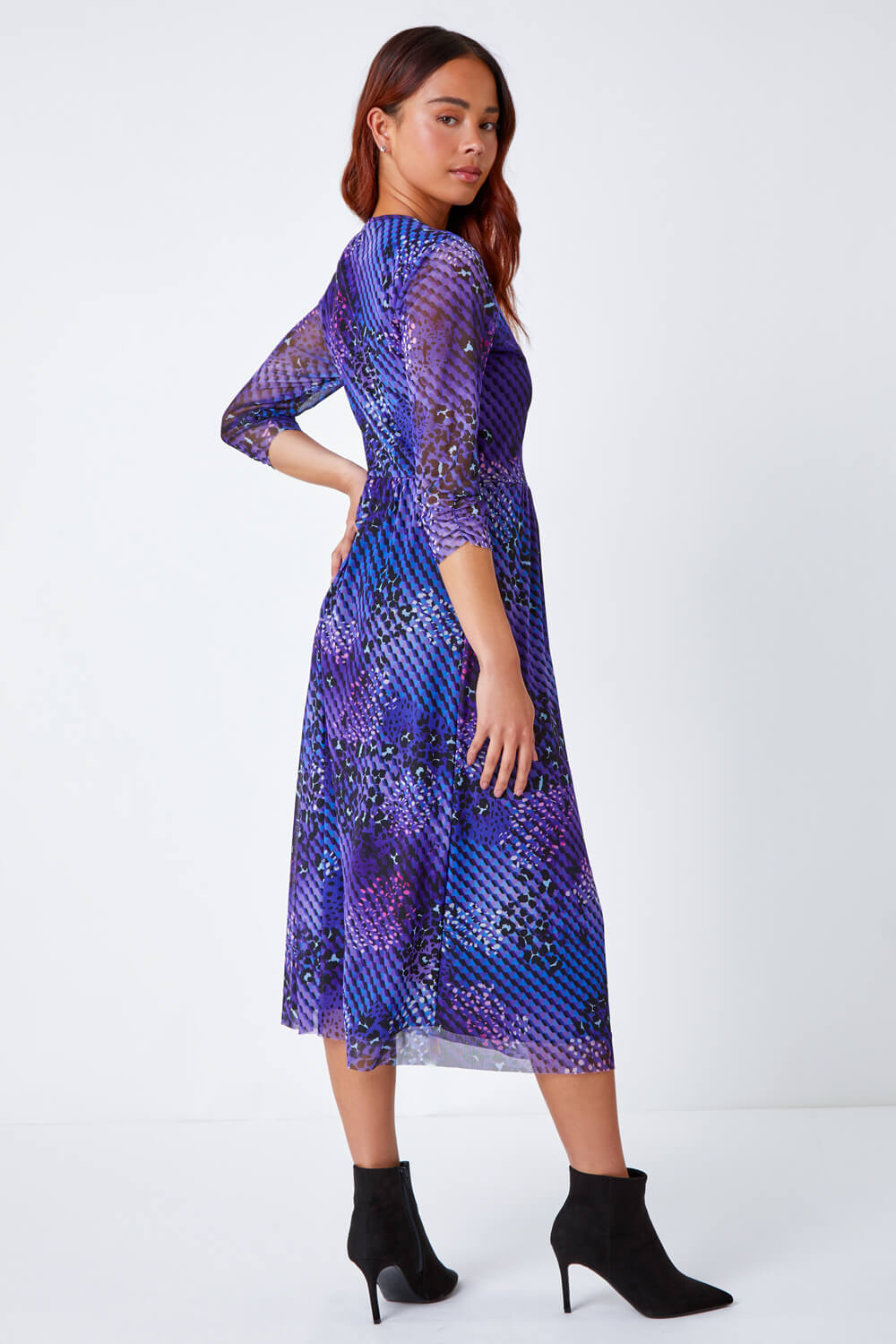 Purple Petite Abstract Print Midi Stretch Dress, Image 3 of 5