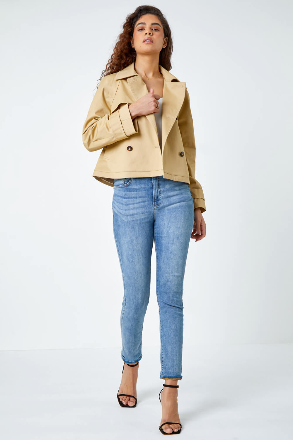 Natural Cotton Blend Cropped Stretch Trench Coat | Roman UK
