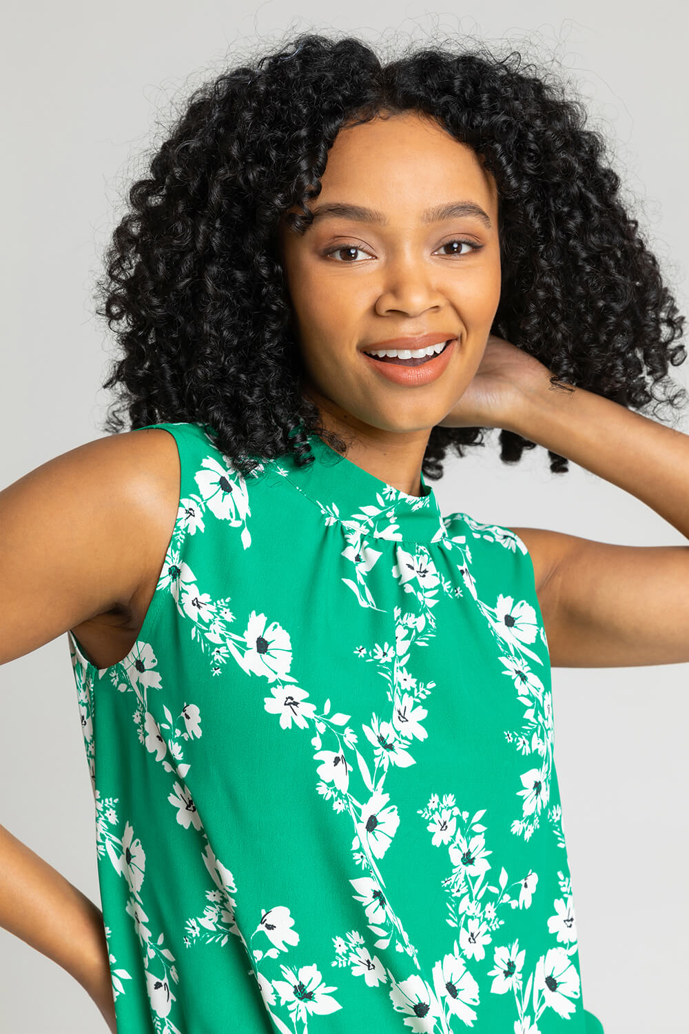 Green Petite Floral Print High Neck Tie Top, Image 4 of 5
