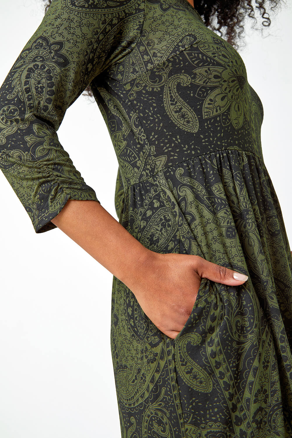 KHAKI Petite Paisley Print Ruched Midi Dress, Image 5 of 5