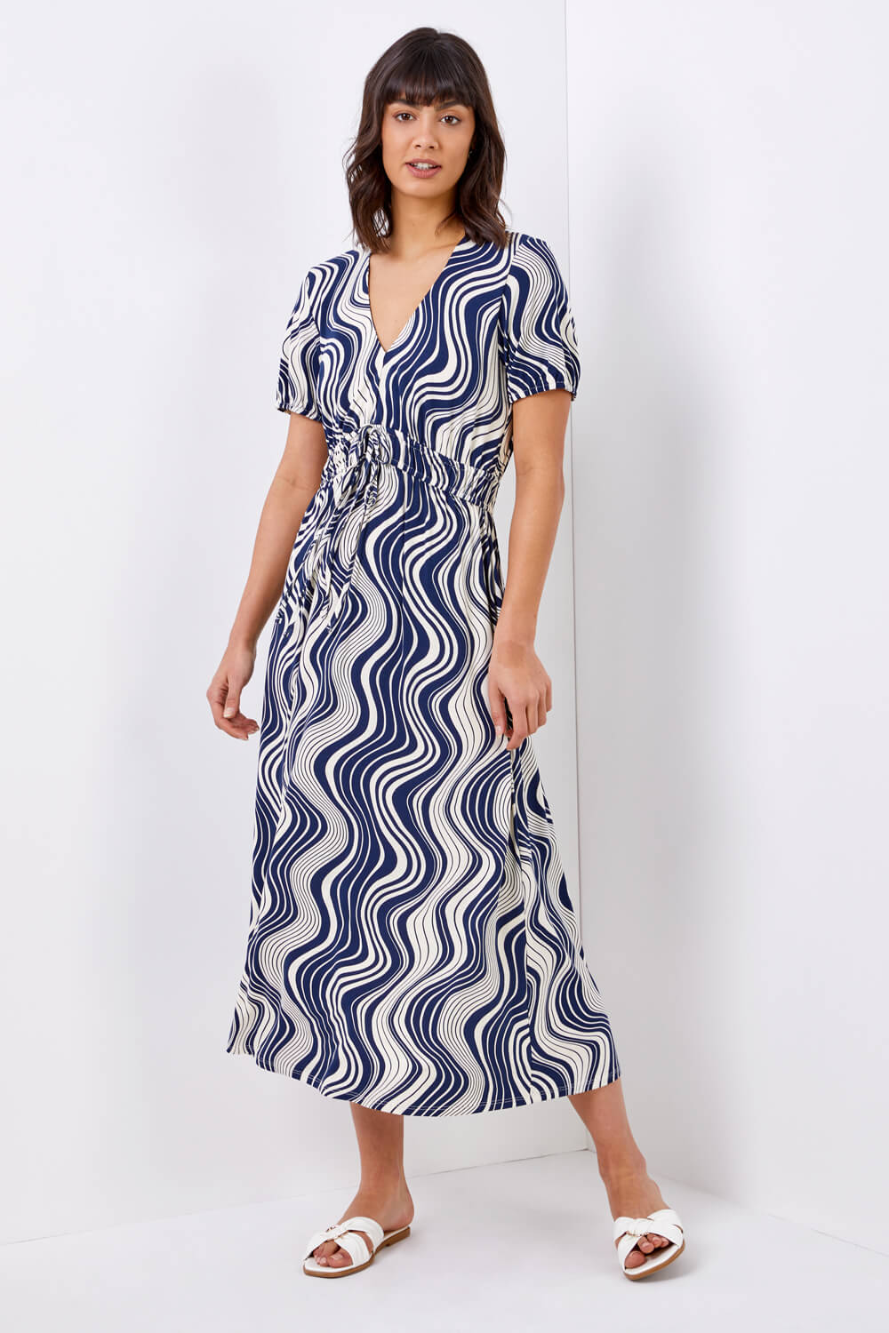Navy  Swirl Print Fit & Flare Midi Dress, Image 3 of 4