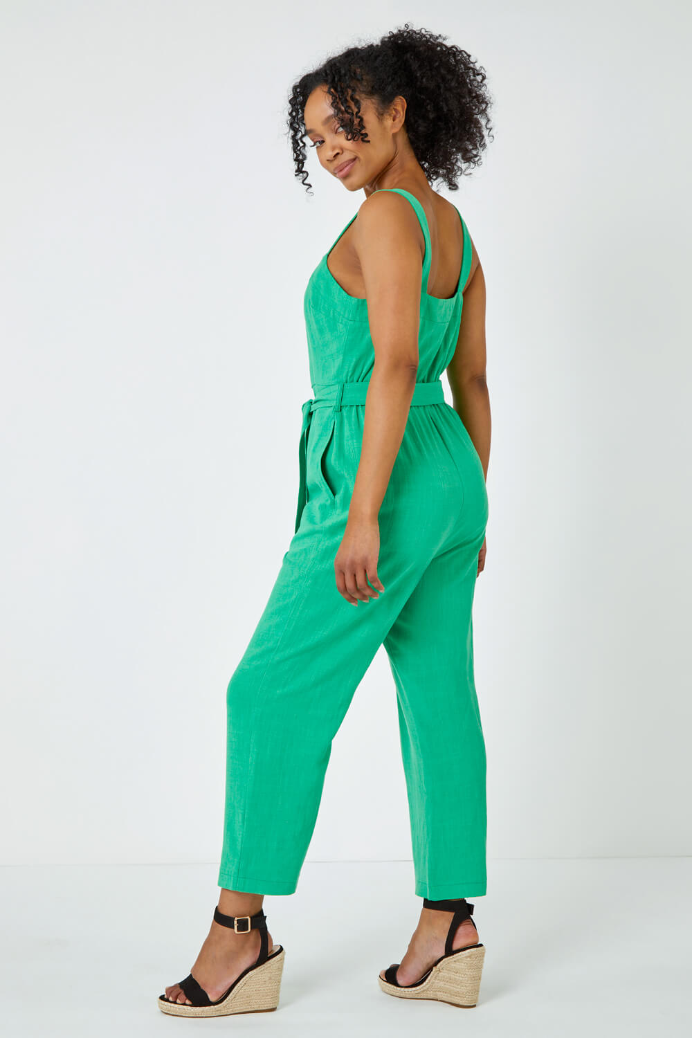 Green Petite Sleeveless Linen Blend Jumpsuit, Image 3 of 5