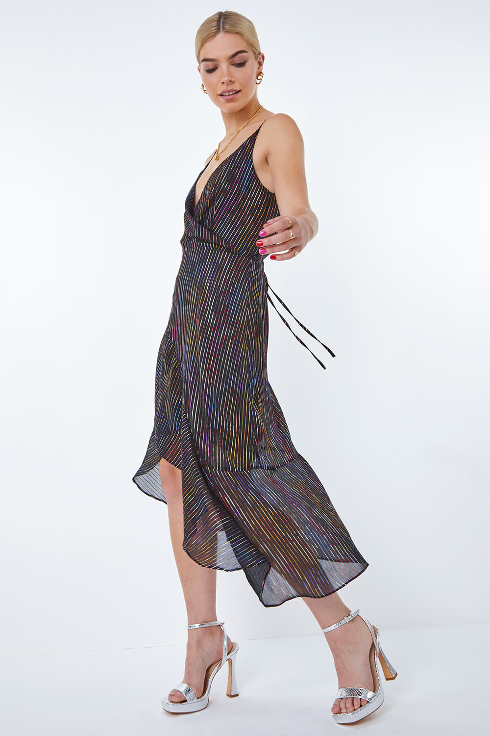 Black Metallic Stripe Frill Hem Midi Dress, Image 2 of 5