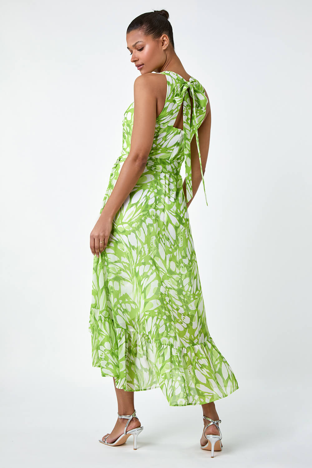 Green Halter Neck Butterfly Print Asymmetric Dress, Image 3 of 5