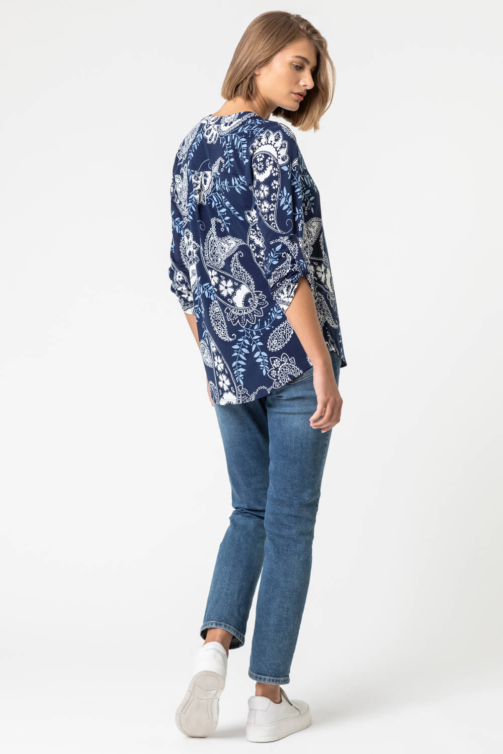 Blue Paisley Puff Print Notch Neck Top, Image 2 of 4