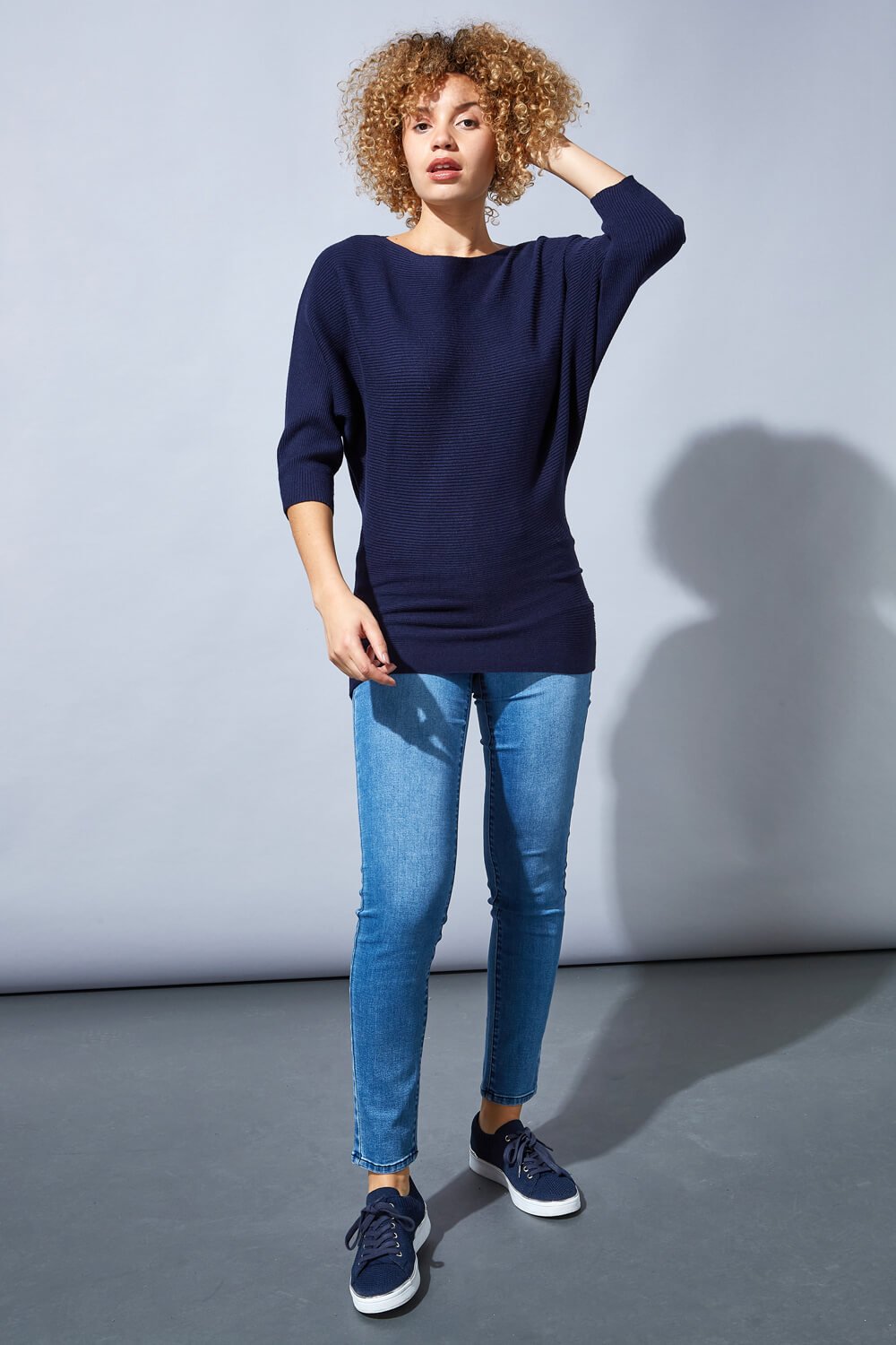Midnight Blue Ribbed Batwing Jumper, Image 2 of 4