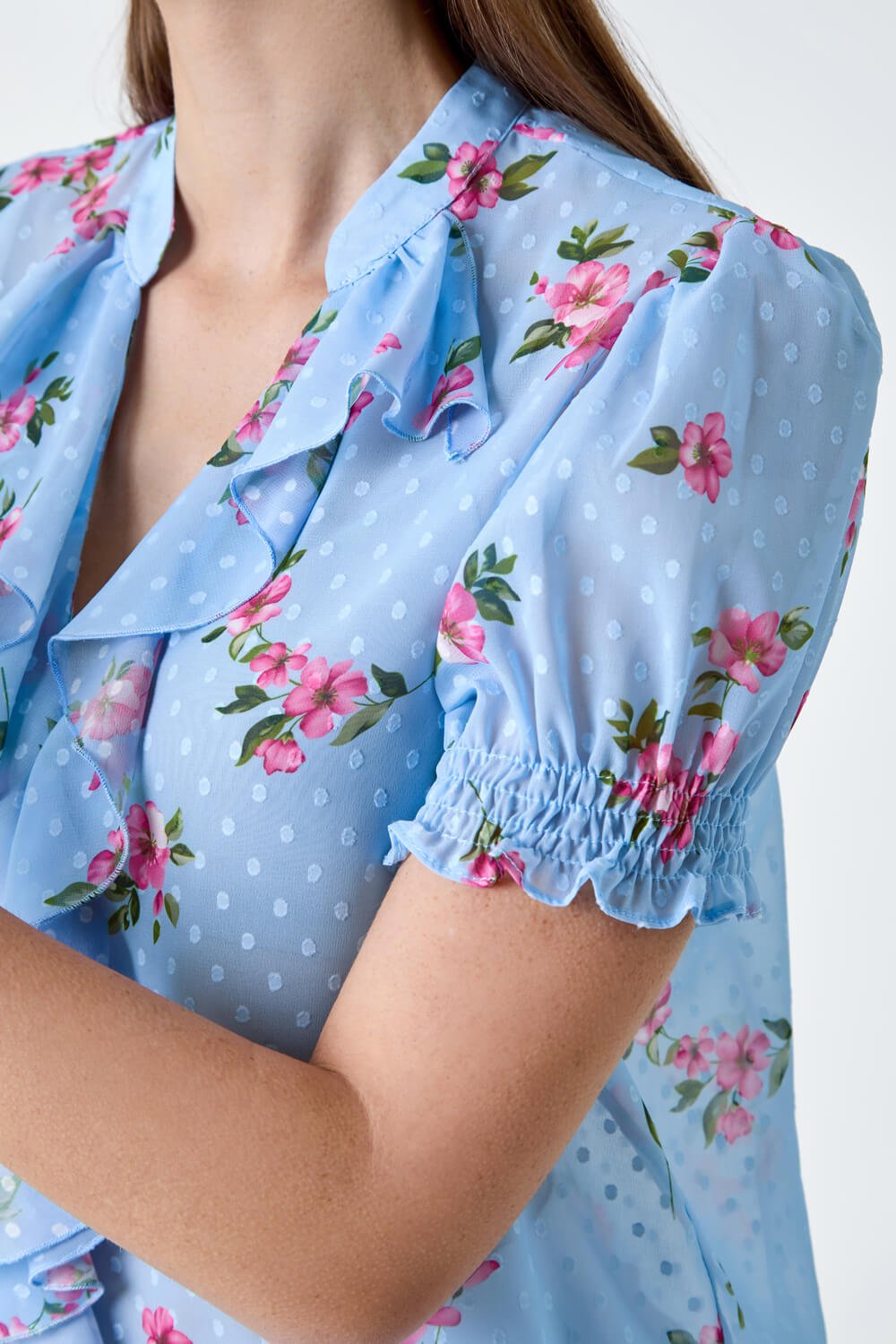 Blue Textured Spot Floral Print Frill Top, Image 5 of 5