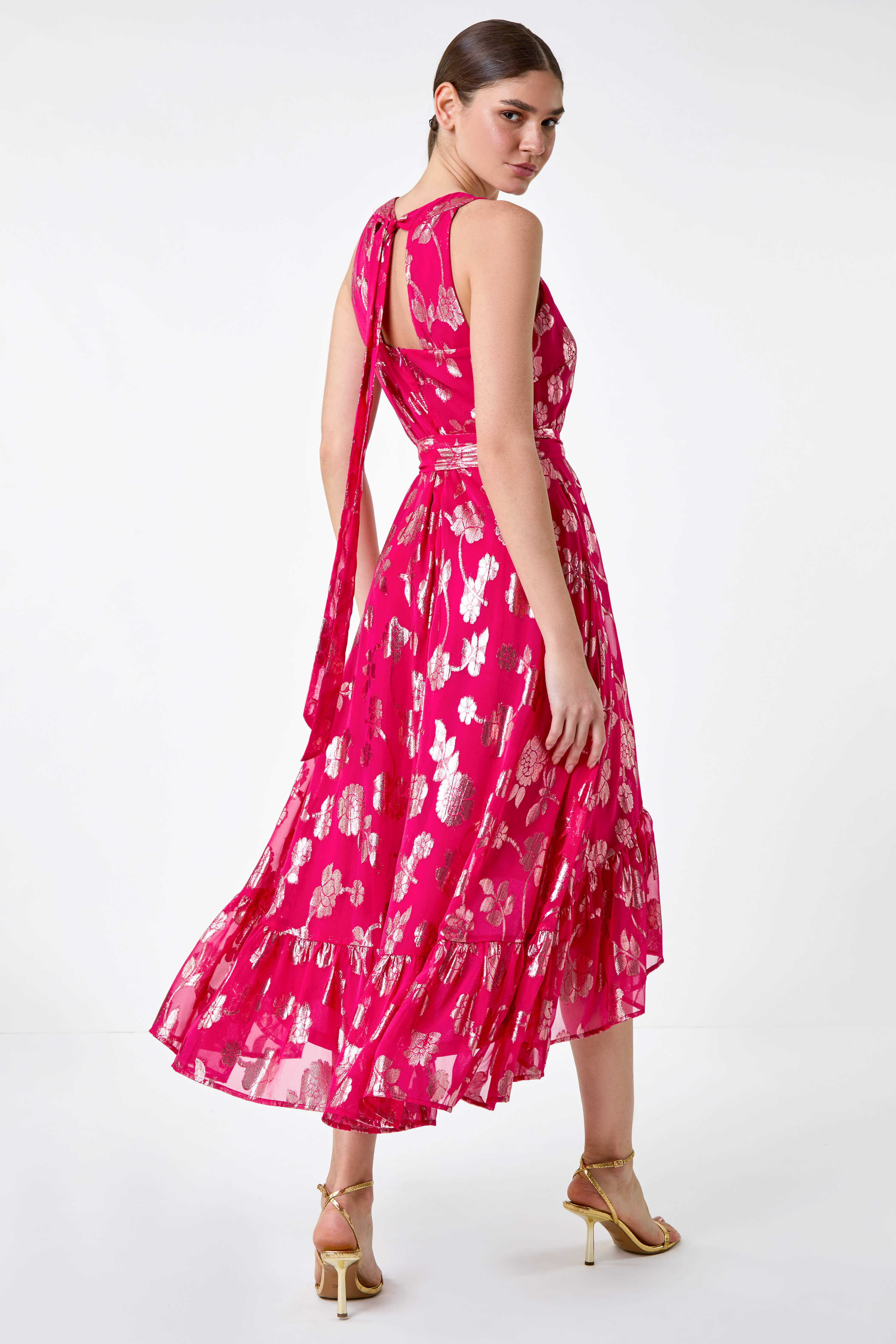 Fuchsia Metallic Floral Halter Neck Midi Dress | Roman UK