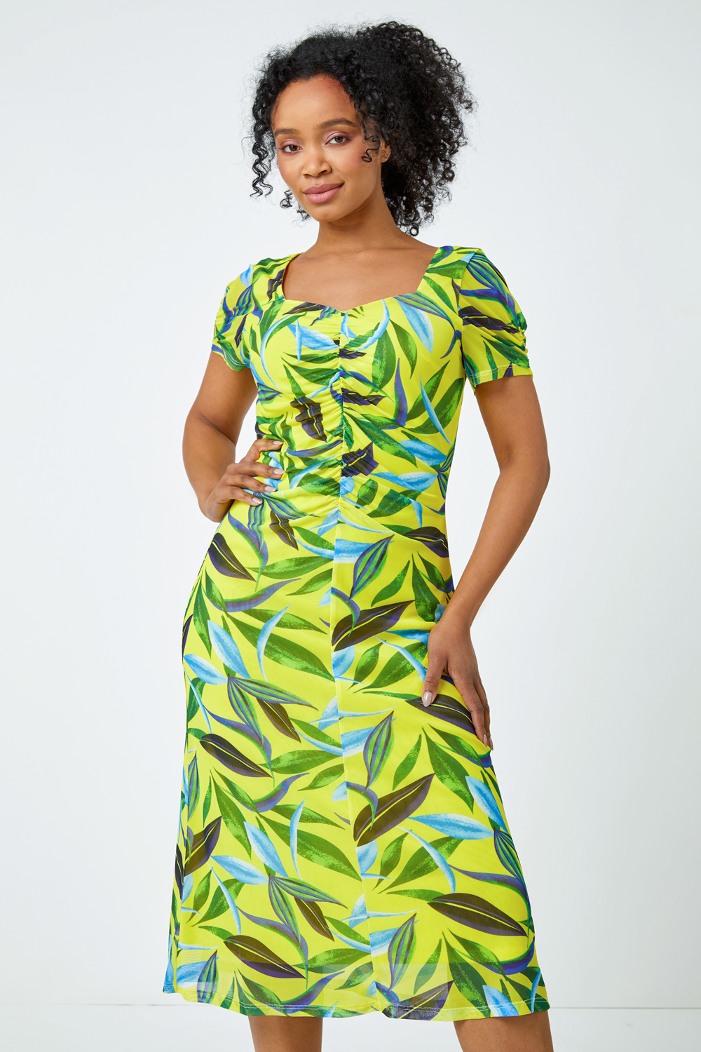 Lime Petite Ruched Tropical Print Midi Dress, Image 2 of 5