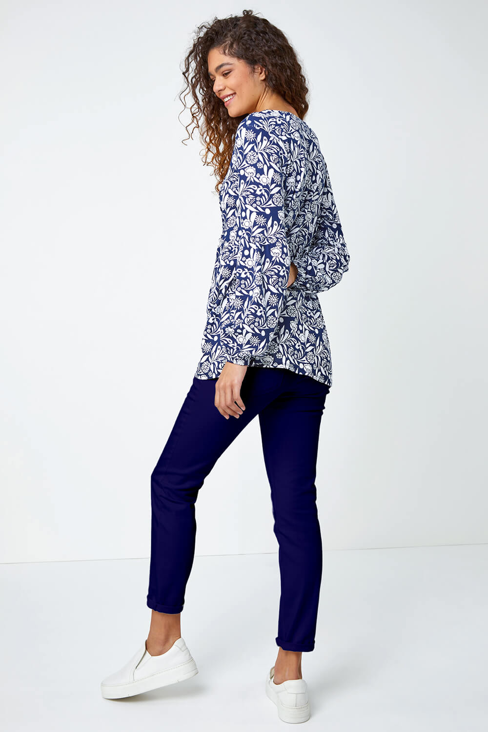 Navy  Floral Print Stretch Smock Top, Image 2 of 5