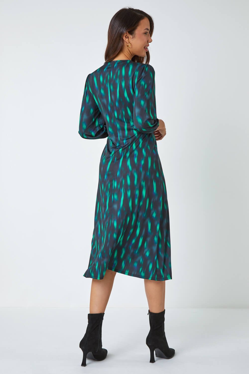 Green Abstract Twist Front Midi Stretch Dress, Image 3 of 5