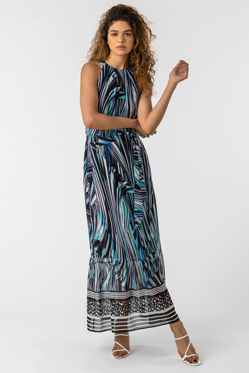 Blue Abstract Stripe Print Halterneck Dress, Image 4 of 5