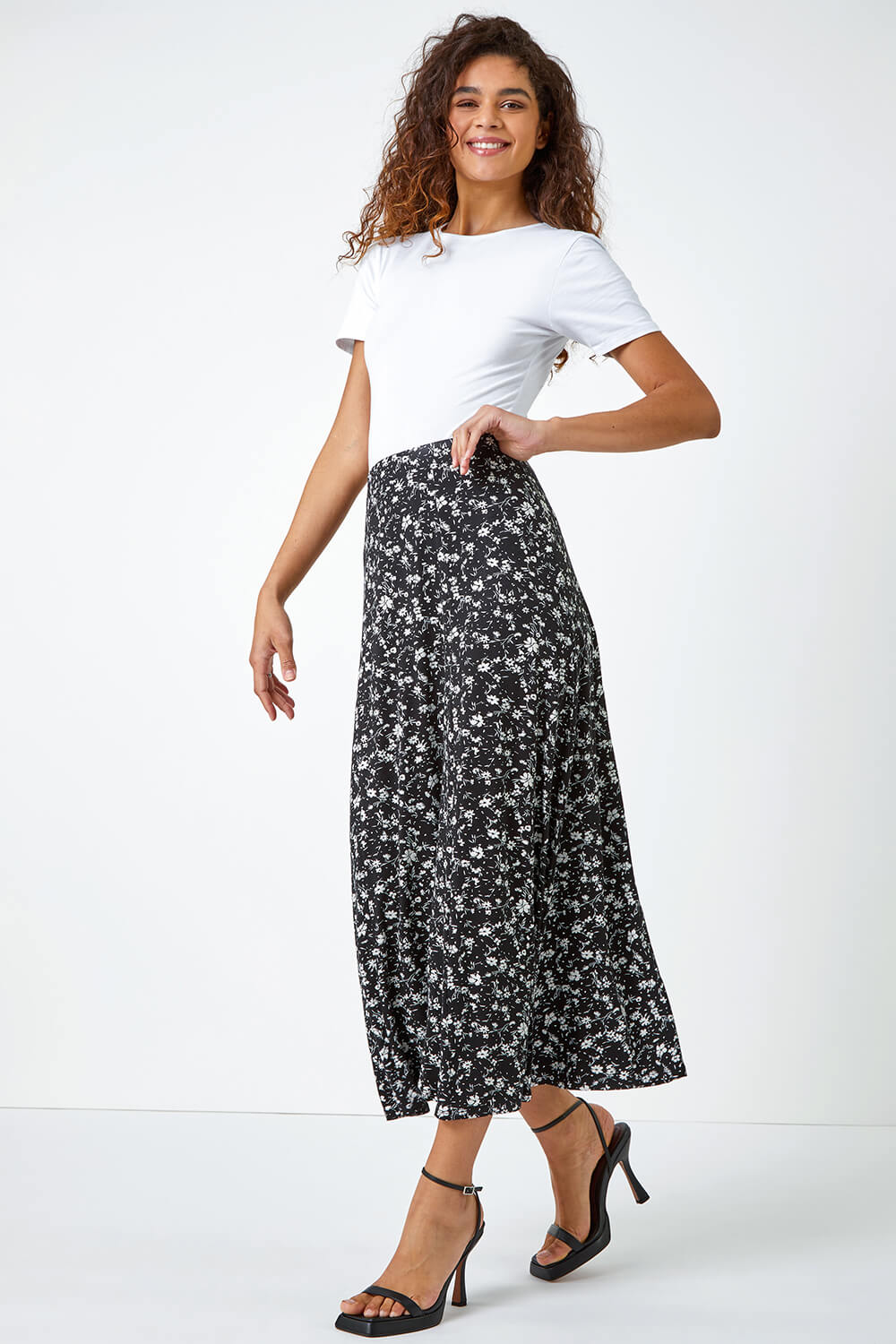Black Ditsy Floral Print Midi Skirt, Image 2 of 4