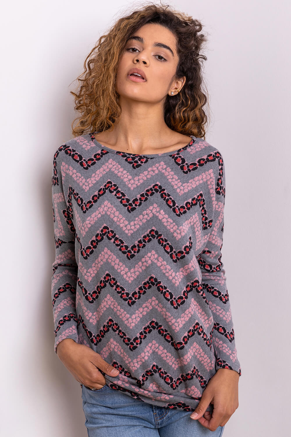 Zig Zag Animal Print Sweater Top in Pink - Roman Originals UK