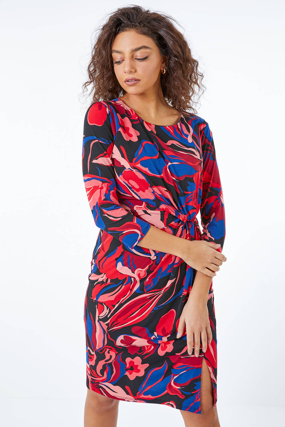CORAL Petite Abstract Floral Side Knot Dress, Image 2 of 5