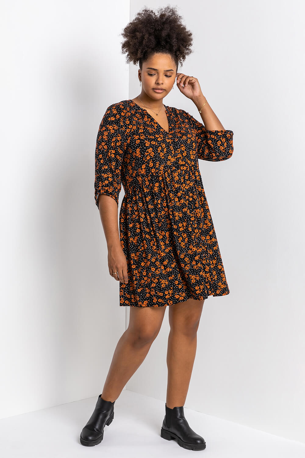 Rust Curve Ditsy Floral Print Dress, Image 4 of 4