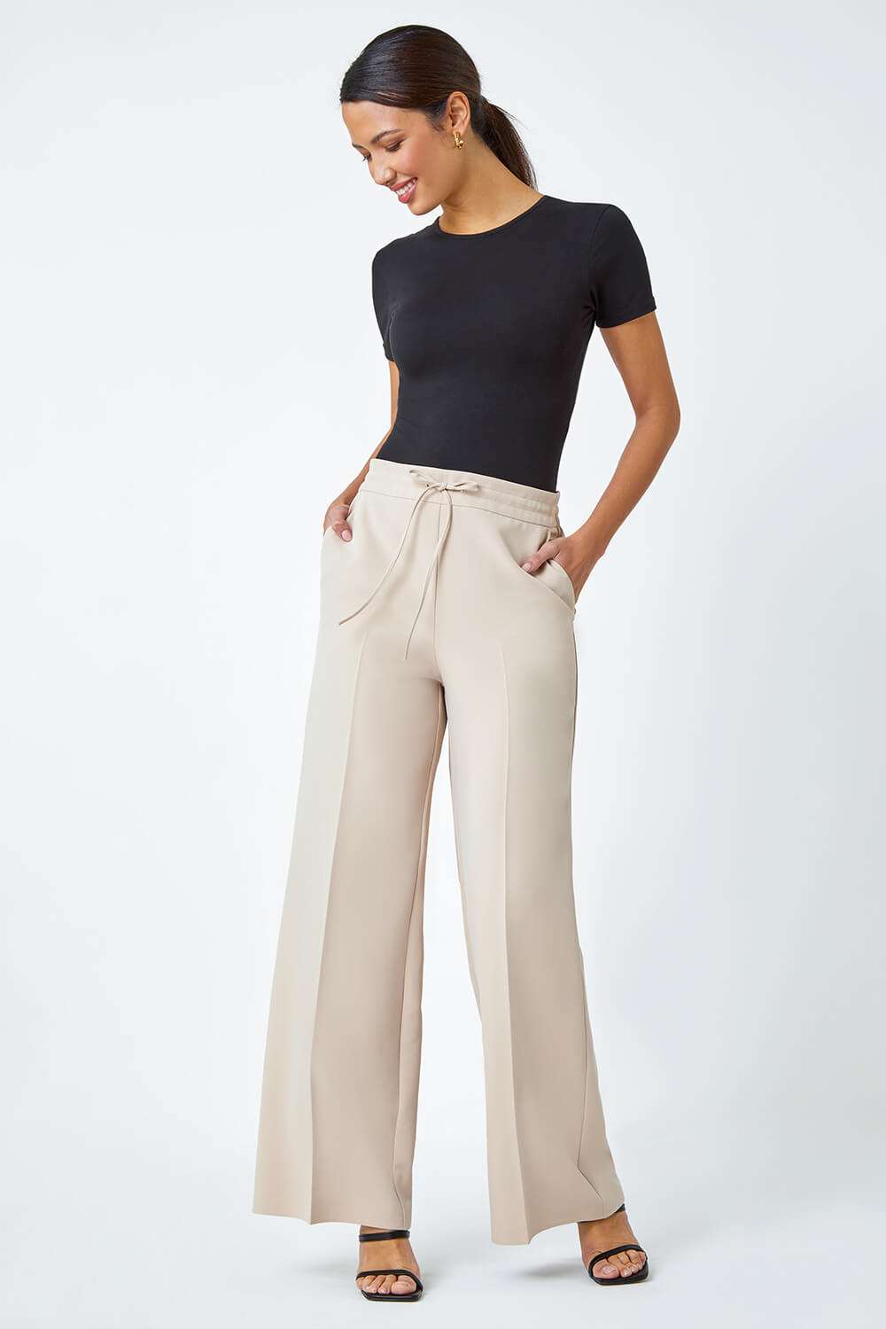 Stone Wide Leg Tie Front Stretch Trouser, Image 2 of 5