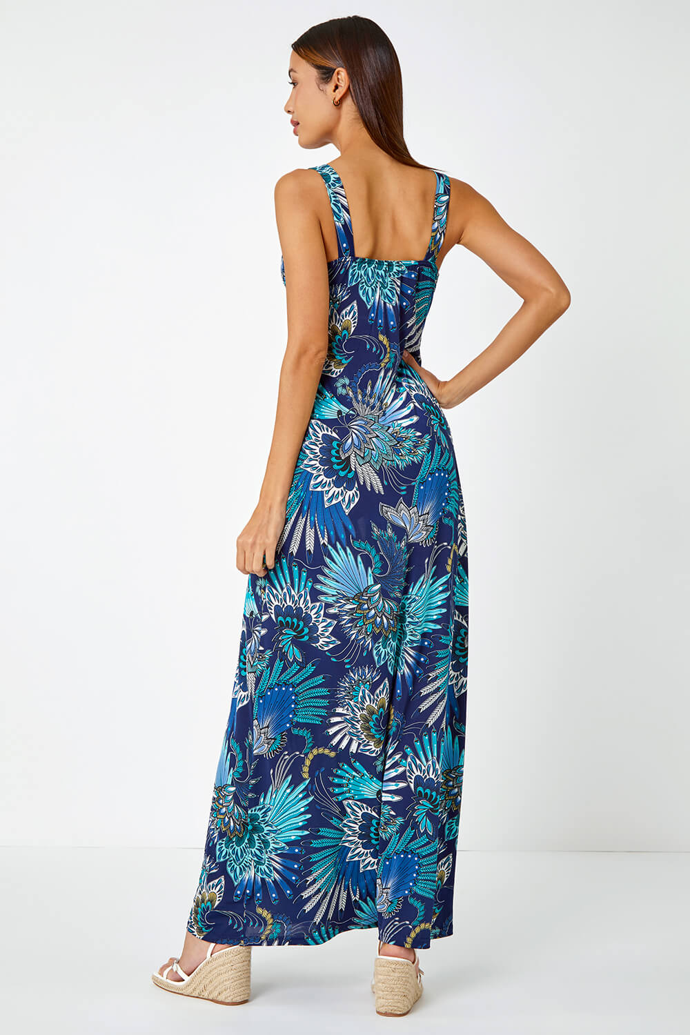 Blue Sleeveless Floral Print Maxi Dress, Image 3 of 5