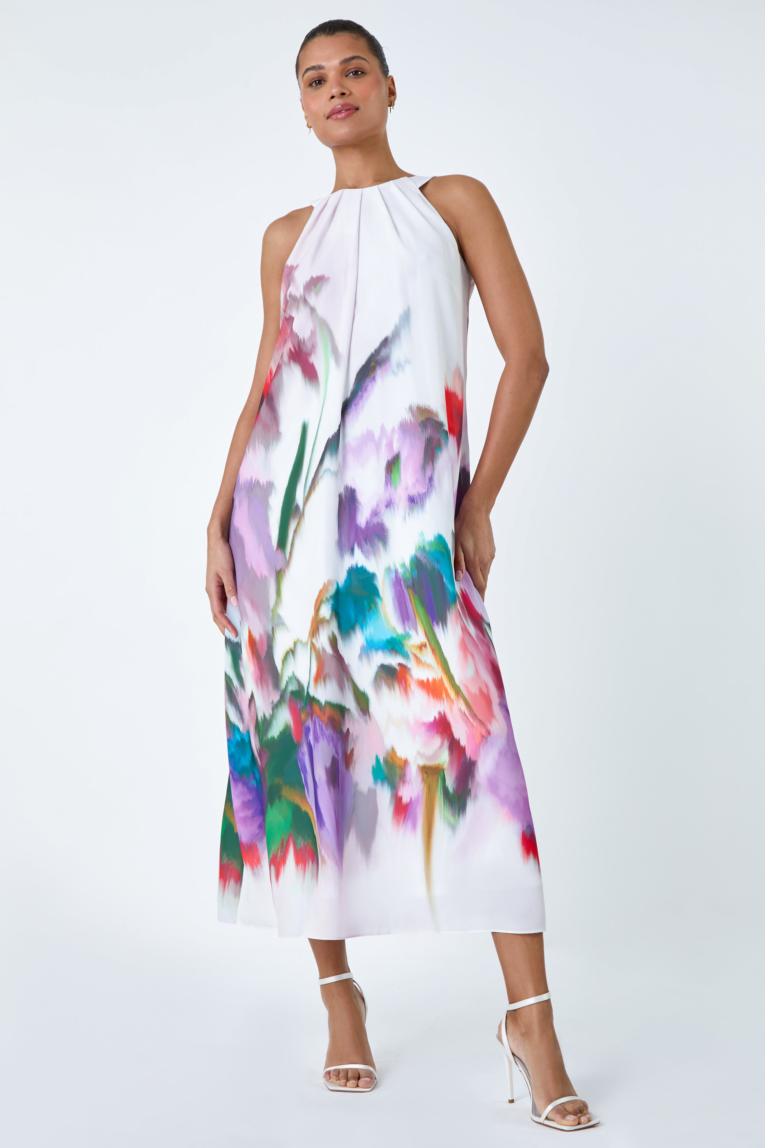 Ivory  Abstract Floral Pleat Detail Trapeze Dress, Image 2 of 5